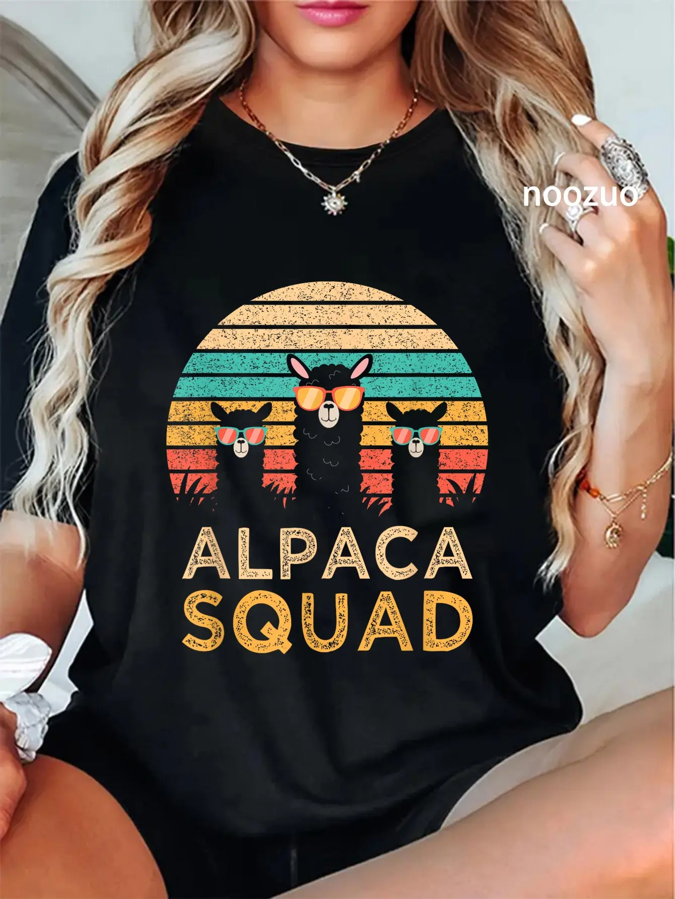 Women's 100% Cotton Vintage Casual Short-Sleeve Round Neck T-Shirt with Cool Alpacas Graphic, Wide Range of Sizes for Everyday Streetwear
