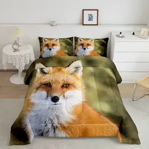 Realistic Fox Quilt Set, 3-Piece Bedding with Filled Blanket and Pillowcases, Natural Wild Atmosphere for Bedroom Decor