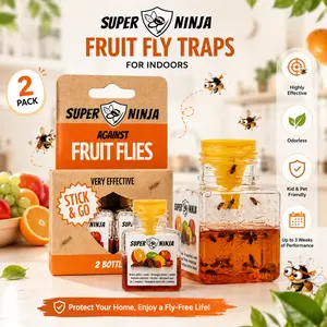 Super Ninja Fruit Fly Traps for Indoors - 2 Pack, Highly Effective Fruit Fly Catcher for Indoor Use for Home & Kitchen, Up to 3 Weeks of Performance per Bottle, Kid & Pet Friendly