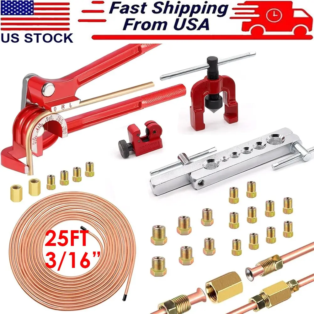 SJPACK Copper-Coated Brake Line Kit for Cars/Motorcycles - 25Ft 3/16 Pipe Flaring Kit Set, Includes 16 Fittings, 2 Unions, 4 Nuts
