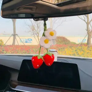 Strawberry & Daisy Car Rearview Mirror Hanging Ornament, Fruit & Flower Design Car Interior Decoration, Car Trinkets, Car Interior Accessories For Women & Girls Car Gift