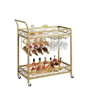 Bar Cart, 85 * 40.5 * 93 cm Chipboard & Carbon Steel, 2-Tier Mobile Serving Cart with Lockable Wheels, Wine Racks & Glass Holders for Kitchen, Dining Room & Bar