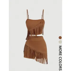Women’s Adjustable-Strap Fringe Outfit – Western “baddie” spaghetti-strap cami and matching skirt set
