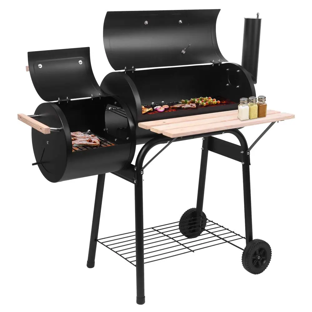Portable Charcoal Grill, Outdoor Steel BBQ Charcoal Grills with Offset Smoker, Wheels and Tray for Balcony Picnics, Camping, Charcoal Bbq Grills