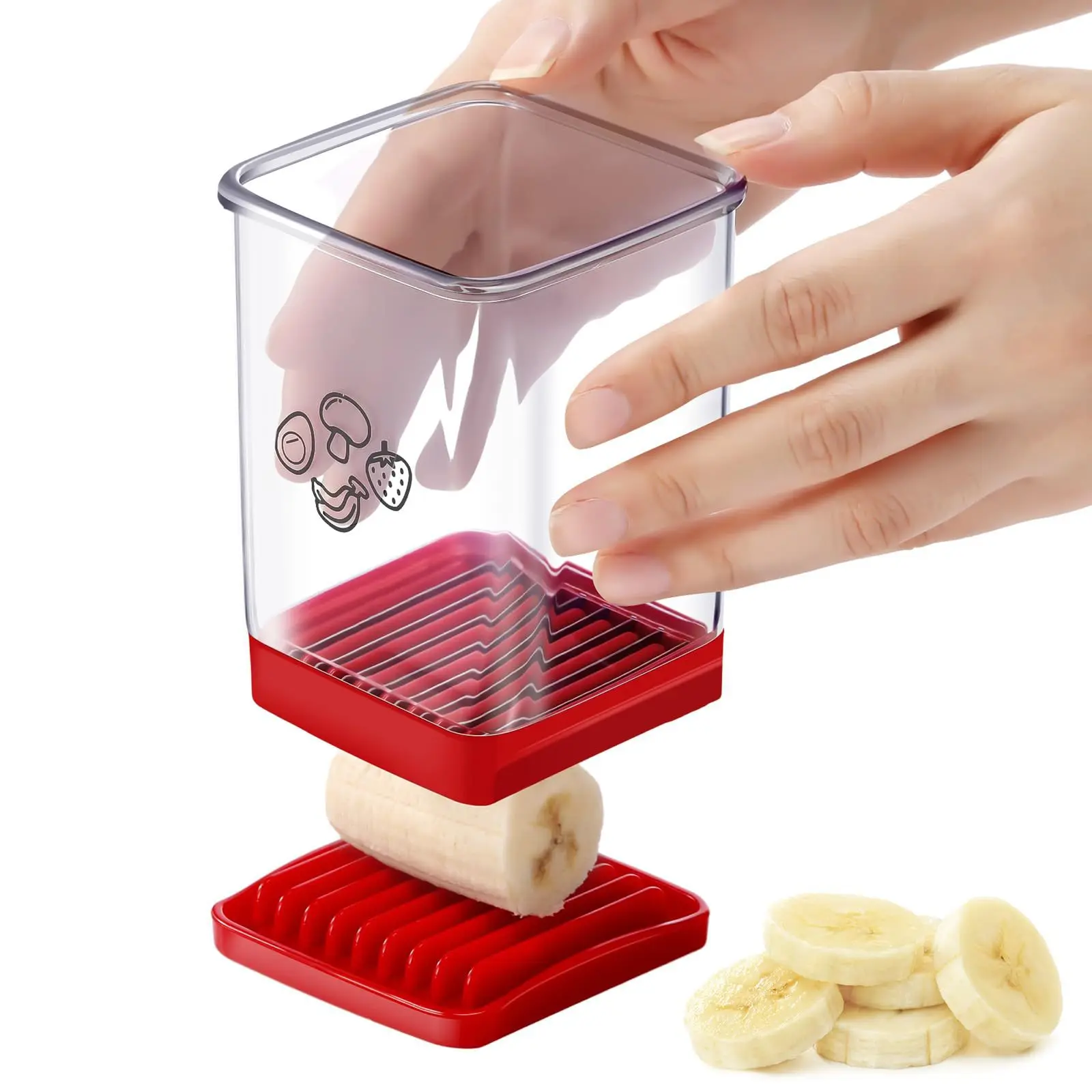 Hand‑Press Fruit Slicer Container, Quick Even Slicer for Banana Strawberry Boiled Egg Mushroom, Multi‑Purpose Kitchen Salad Food Prep Gadget
