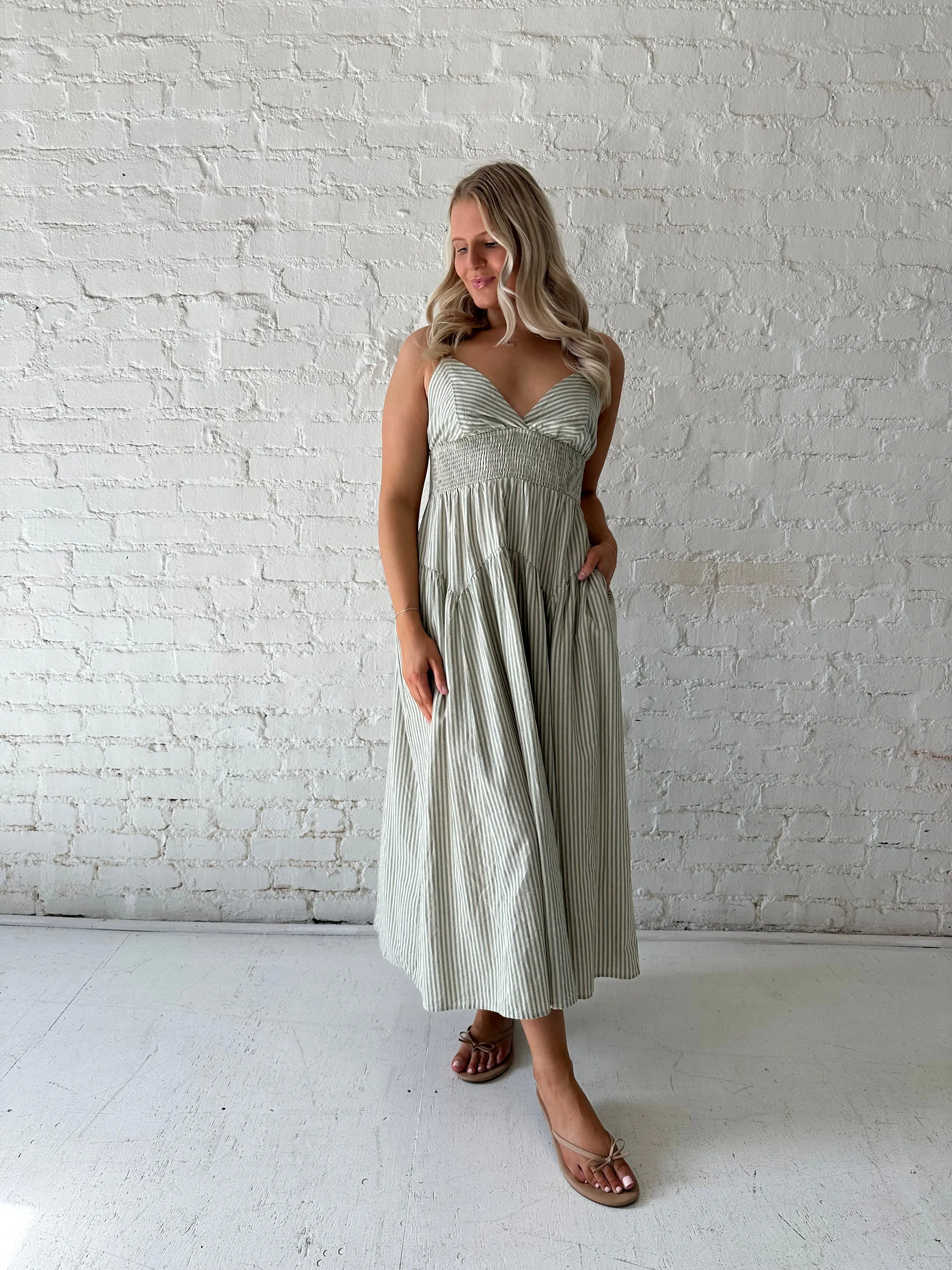 Delaney Sage Green Striped Midi Dress
