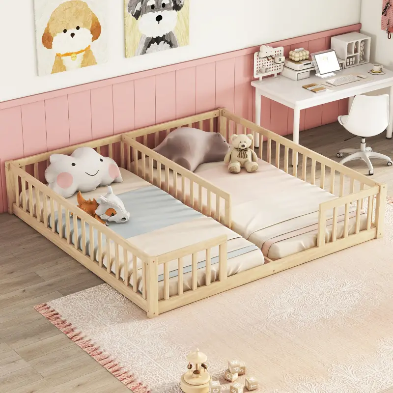 Double Twin size Bed Frames, Wood Bed with Fence Guardrails, Double Twin Floor Bed Side by Side for Bedroom, Natural