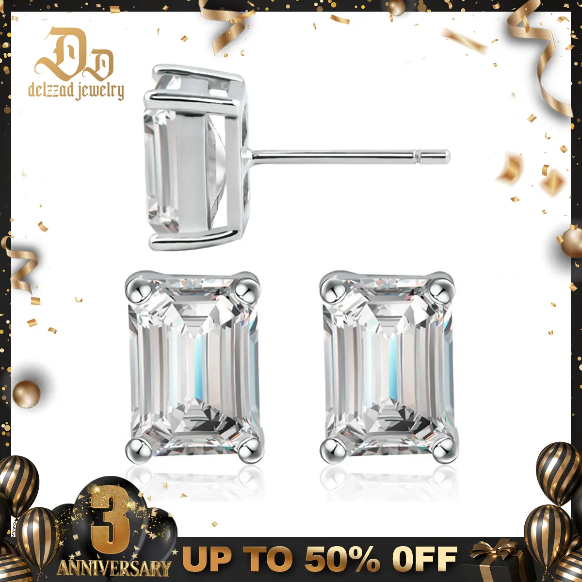 Delzzad Step Cut Stud Earrings Synthetic Moissanite Earrings S925 Christmas Gift for Men Women