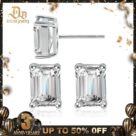 Delzzad Step Cut Stud Earrings Synthetic Moissanite Earrings S925 Christmas Gift for Men Women