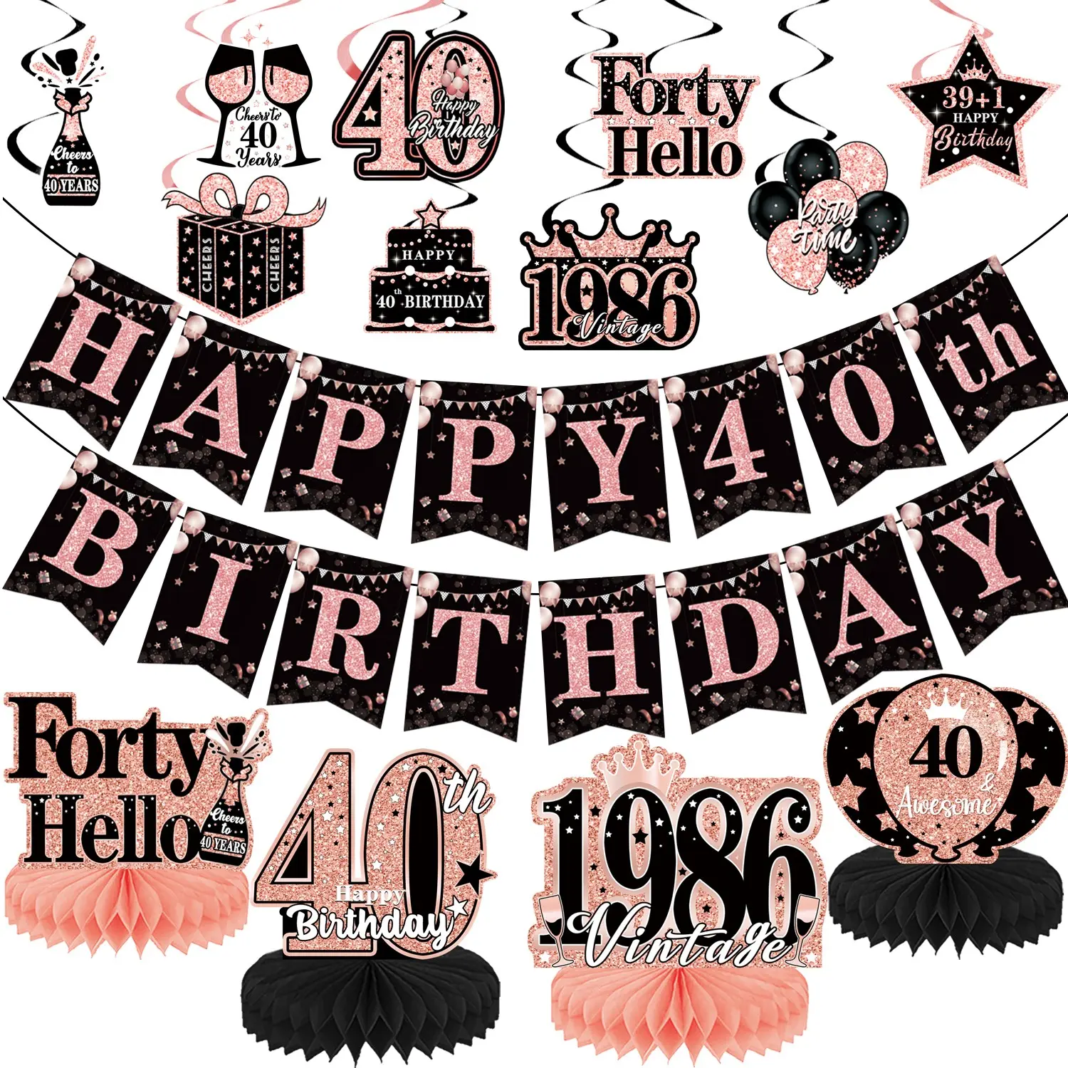 15Pcs 40th Birthday Decorations with Banner Honeycomb Centerpieces, Hanging Swirls, Rose Gold 40th Party Decorations, Cheers to Forty-Year-Old Birthday Party, 40 Years Old Table Party Supplies, Birthday Banners, Party Event Props, Set, Party Pack