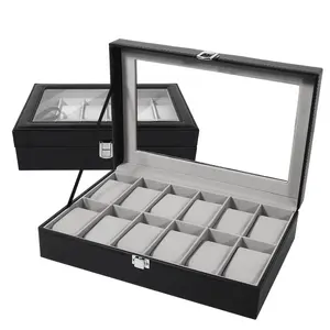 Uten Watch Box, 12 Slots Leather Watch Case, Watch Box Organizer Jewelry Storage with Large Glass Lid, Watch Display Case, Watch Box for Men & Women