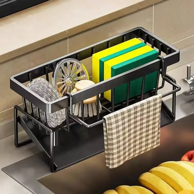 Heavy-Duty Metal Kitchen Sink Organizer Tray - Sink Drainage Rack with Built-in Sponge Holder, Dish Brush Slot - Space-Saving Countertop Organizer, Compatible with Standard Sinks - Easy to Clean Kitchen Storage Rack, waterproof steel