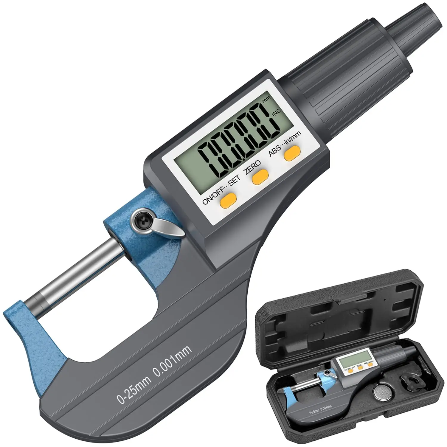 Digital Micrometer Outside Precision Measuring Tool, 0-1"/0-25mm Range, 0.00005"/0.001mm Accuracy, Dual Measurement, Auto Power Off, Carbide Probe, Machining Machinist Thickness Gauge, Large LCD Display