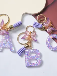 Cute Initial Letter Keychain Accessory for Bags with Resin Glitter Butterfly Tassel, Capital Letters Pendant, Bag Charm Gift for Women Girls Students