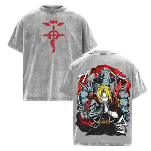 Edward & Alphonse Fullmetal Alchemist Vintage Washed Oversized T-Shirt, Double Printed Heavy Cotton Anime Tee, Manga Streetwear Graphic Top for Otaku Fans