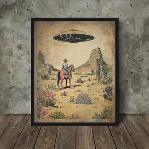 Vintage UFO COWBOY Wall Art Western Alien Sci-fi Decor Cactus Flower UAP Print Movie Poster Satin Paper, Decoration Artistic Room