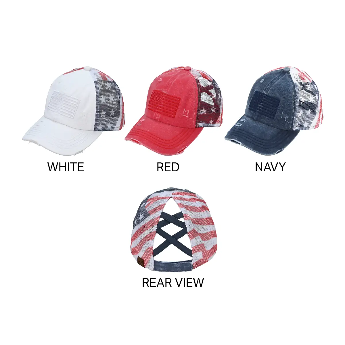 C.C Adjustable Cotton Brushed Embroidery Baseball Cap with Criss-Cross Elastic Band and American Flag Printed Mesh for Women