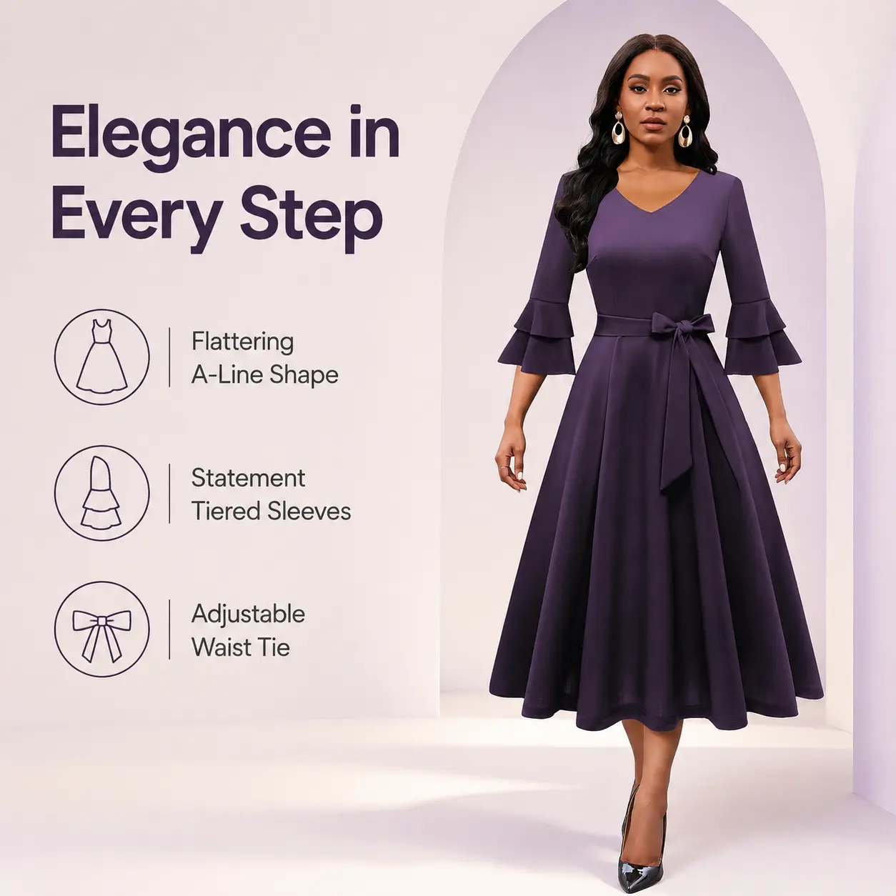 Women's 5-Sleeve Mid-Length Slim-Fit Formal Dress, Flared Ruffle Design, Feminine Gorgeous Soft Fabric, Casual Beach Wear, Skirt