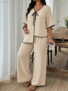 Women's Linhara Plus Size Two-Piece Set, Short Sleeve Asymmetrical V-Neck Top & Straight Leg Pants, Bow Tie Design, Casual Style, Fit, Womenswear