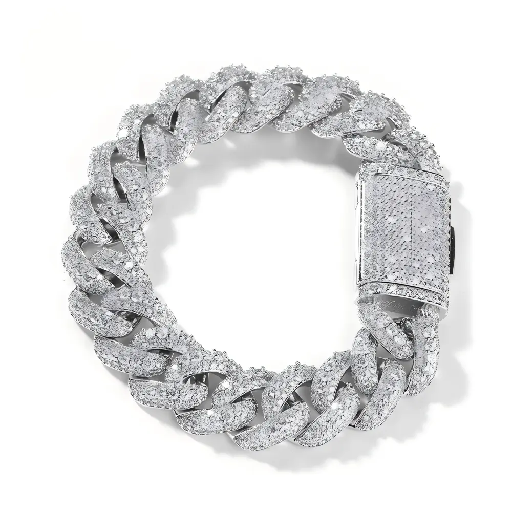 QUEENDO Iced Out Full-Paved Stone Miami Cuban Link Bracelet, Heavy-Duty Hip Hop Curb Chain Wrist Jewelry with Secure Stone-Covered Box Clasp, 2-Tone Gold & Silver Adjustable Daily Party Gift Jewelry