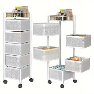Multi-Layer Rotating Storage Rack 5-Tier Carbon Steel Kitchen Vegetable & Fruit Organizer with Wheels for Living Room & Bedroom