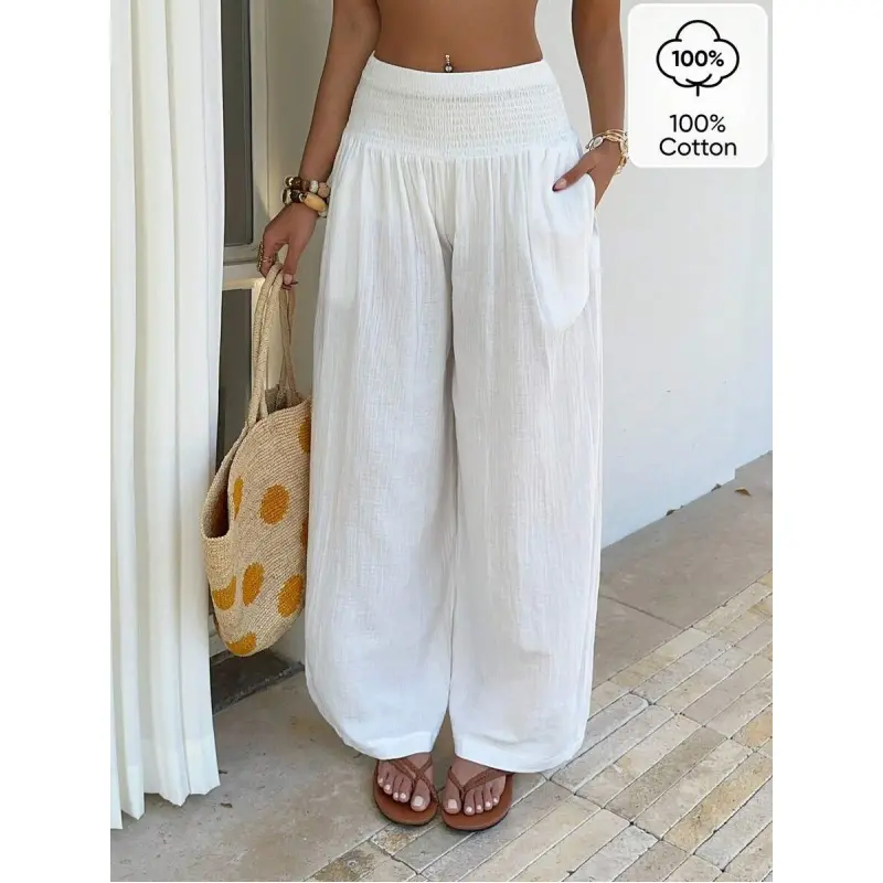 Women's Basic 100% Cotton Baggy Pants - Lady's Loose-Fitting Straight Leg Bottoms with Elastic Shirred Waist, Pockets for Casual & Formal Wear, All Seasons Stylish Trousers, Wedding