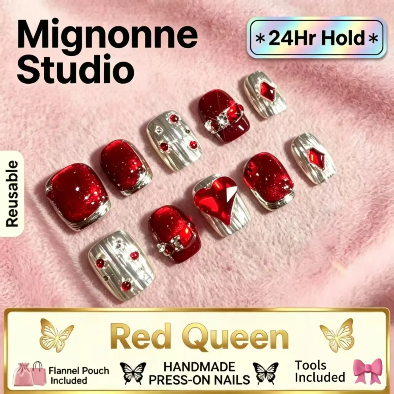 Red Queen - Mignonne Studio's high quality handmade press-on nails