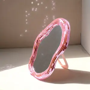 Portable Desktop Mirror with Stand - Mosaic Glass Panel Vanity Mirror Suitable for Bedroom, Bathroom & Desk - Compact Decorative Modern Mirror with Stand, Portable Makeup Mirror for &, Travel-Friendly Mirror for s &