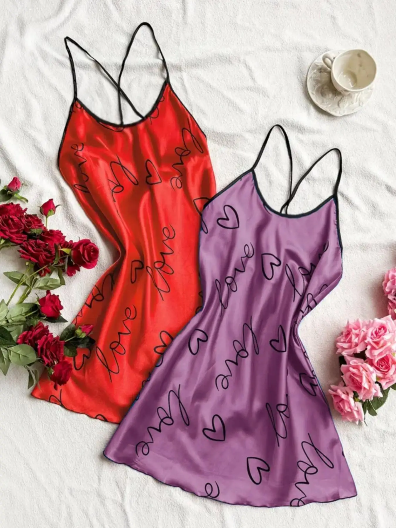 Women's Pumpkin & Skull Print Criss Cross Backless Silk Cami Nightdress, Women's Nightwear, Heart Print Lettuce Trim Spaghetti Strap Sleeveless Hallow