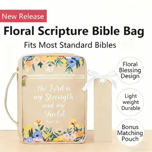 Quilted Floral Bible Bag Aesthetic Scripture Carrying Case with Handle & Front Pocket