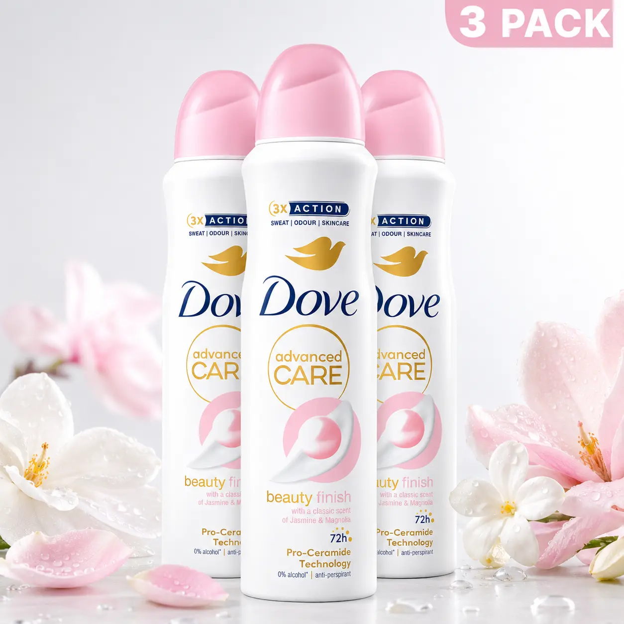 Dove Advanced Care Anti-Perspirant Deodorant Spray, 72H Protection with Pro-Ceramide for Smooth Skin, Scented Body Care for Women, Beauty Finish, 3 Pack, 5oz