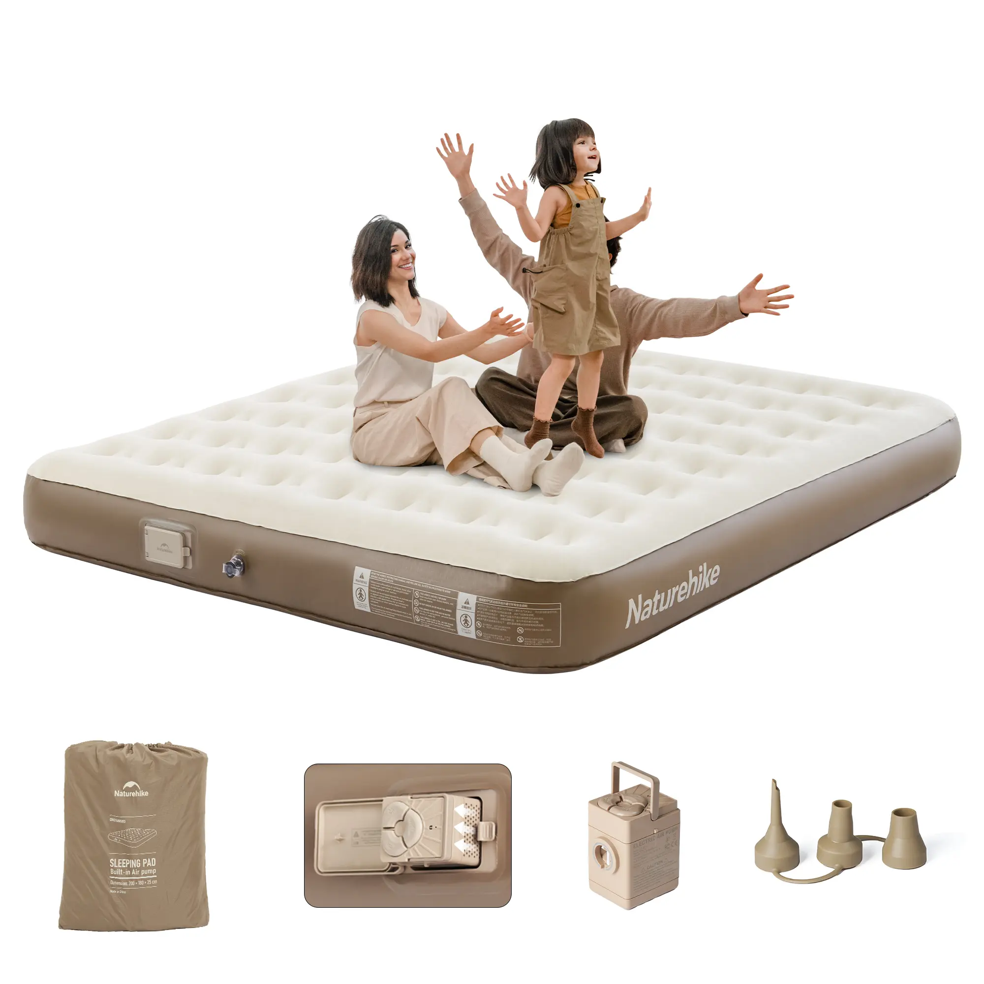 Naturehike Air Mattress with Built-in Rechargeable Pump, Portable Inflatable Bed with Quick 3-Min Inflation, Flocked Top, Waterproof Camping Airbed for Home, Guests, Travel & Outdoor
