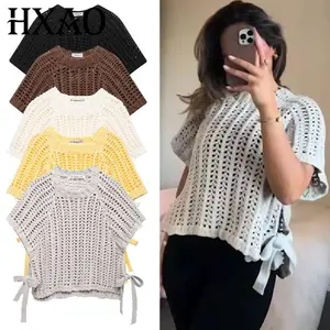 HXAO Women's Sweater Crop Knit Pullovers Summer Knitwear Crochet Lace-Up Hollow Short Sleeve Loose Top For Woman Pretty Pullover