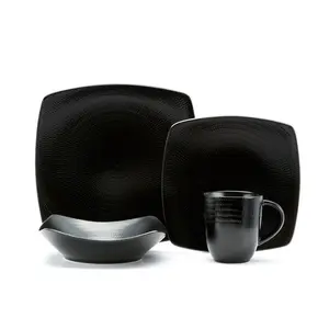 212 MAIN Red Vanilla HN600-016 16-Piece Black Square Dinnerware Set, Matt Rice-Texture Contemporary Oven-Safe Tableware with Bowls & Salad Plates, Ideal for Kitchen Dining Mix-Matching, Dinnerware Sets