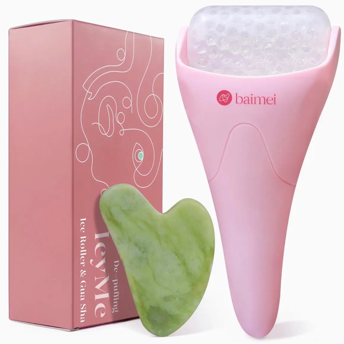 BAIMEI Cryotherapy Ice Roller and Gua Sha Facial Tools Reduces Puffiness Migraine Pain Relief, Skin Care Tools for Face Massager Self Care Gift for Men Women - Pink Guasha