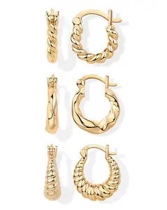 PAVOI 14K Gold Plated Sterling Silver Posts 3 Pairs Rope Twisted Hoop Earrings Set - Three Chunky Huggie Hoop Pack - Earscape for Women 14mm 13mm 10mm