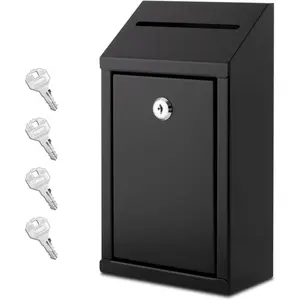 Metal Donation Box with Lock, Wall Mounted, Suggestion Box with 4 Iron , Black,  Drop Box with Slot, 1-Pack
