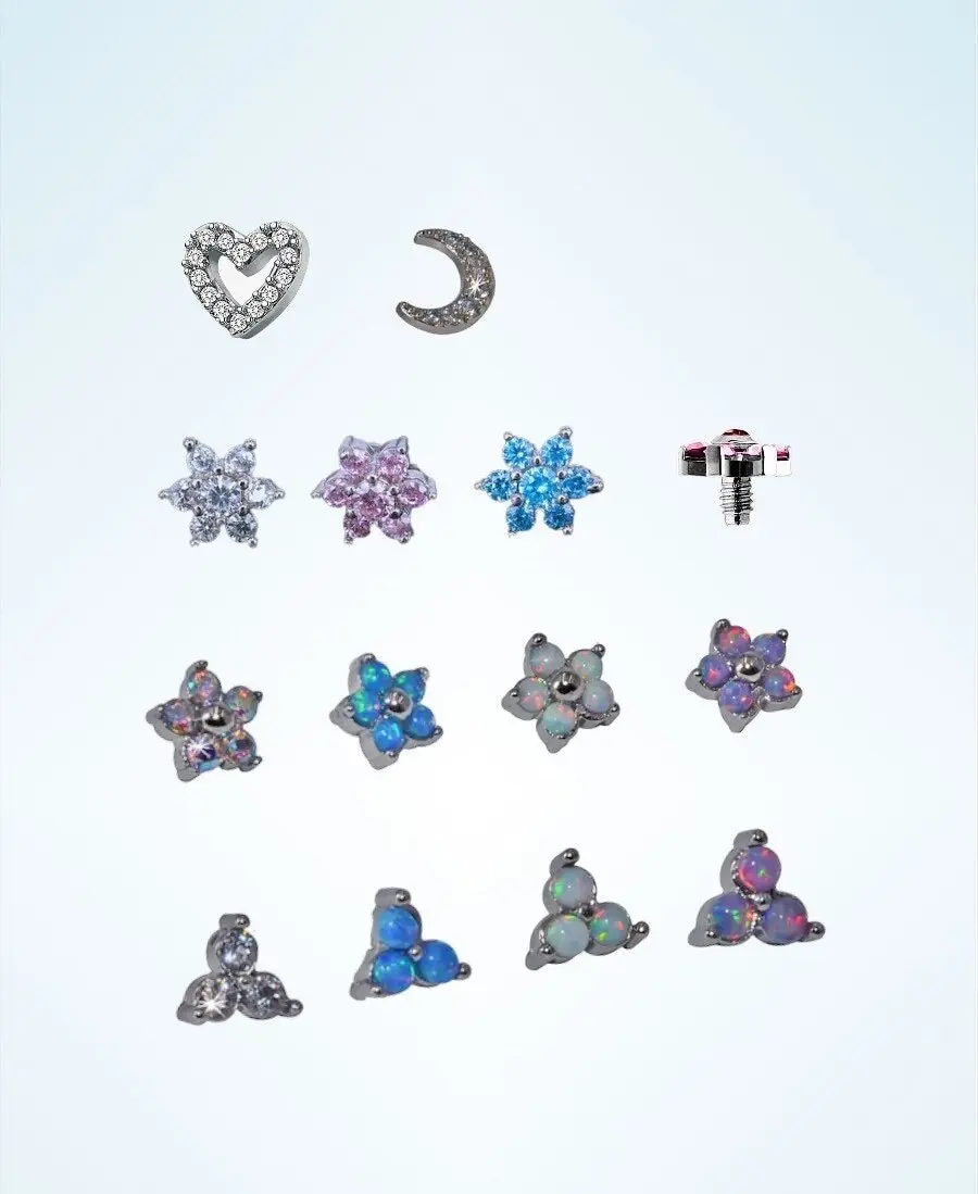 14g Micro Dermal stud, surgical steel Dermal Anchor top, CZ and opal Top Piercings internally threaded, heart moon flower