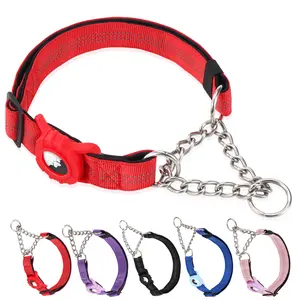 Dog Collar with Air Tag Holder, Reflective Nylon Soft Padded No Pull Training Collars Adjustable Stainless Steel Chain Collar f