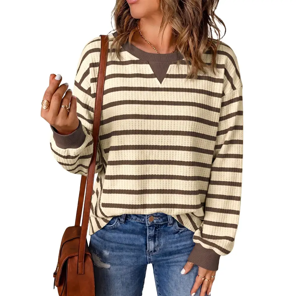 Womens Oversized Long Sleeve Striped Crewneck Cuff Ribbing Casual Knit Pullover Sweatshirt Waffle Tops