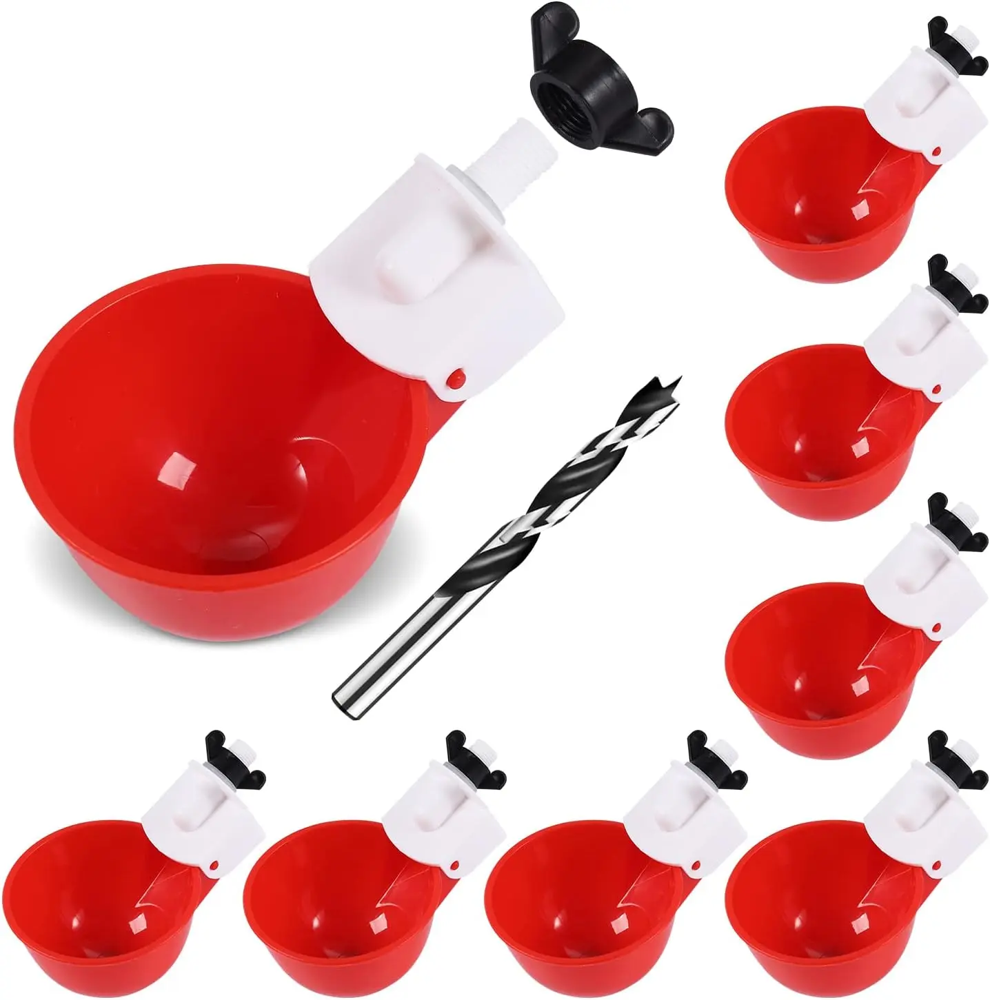8-Pack Red Automatic Chicken Waterer Cups - Detachable, Large Waterproof Polypropylene Poultry Dispenser (185g, 5.12"(L)x3.9"(W)x3.5"(H)) with Matching Drill for Chickens, Turkeys, Turkey, 8 Cups