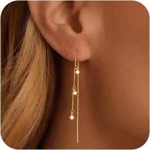 Zircon Ear Thread Tassel Pendant Earrings for Women, Dainty Long Hanging Chain Trendy Hypoallergenic Dangling Threader Earrings
