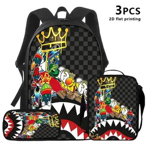 Graffiti King 3-Piece Backpack Set, Checkerboard Shark Print School Bag + Lunch Bag + Pencil Case, Oxford Cloth Adjustable Strap Daypack for Streetwear Fans & Kids