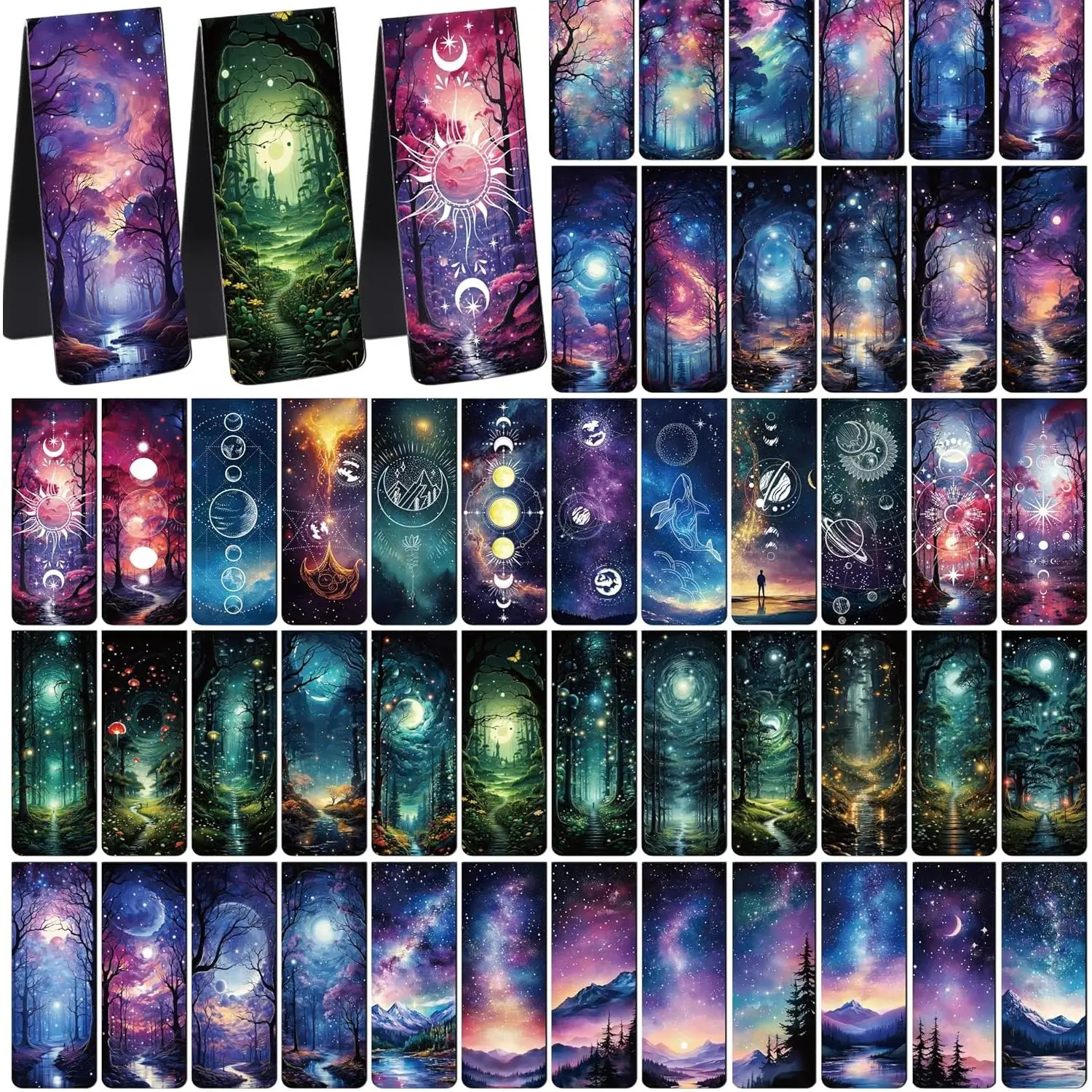 Cosmic Fantasy Starry Night Laminated Card Bookmarks - 48-Count Fancy Print Set, Office Stationery Page Marker Clips for Boys, Book Club, Librarian Retirement Gifts