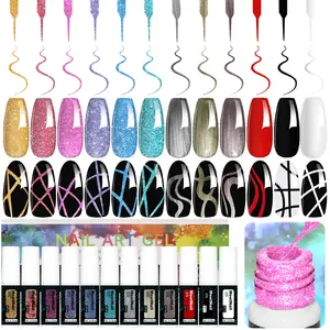 MeetNail Nail Art Gel Liner Polish 12 Pcs Reflective Glitter Nail Art Gel Liner Gold Silver Pink Blue Purple  Black Kit Soak Off Uv Nail Art Design Set Manicure Gifts for Women Long Lasting Nail Kit Acrylic Set