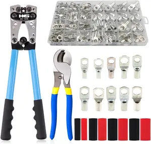 HKS Battery Cable Lug Crimping Tool 10-1 AWG with, 170 Pcs Tinned Copper Lugs Kit & 210Pcs 3:1 Ratio Lined Heat Shrink Tubings - Marine Shrink Wrap HX-50B