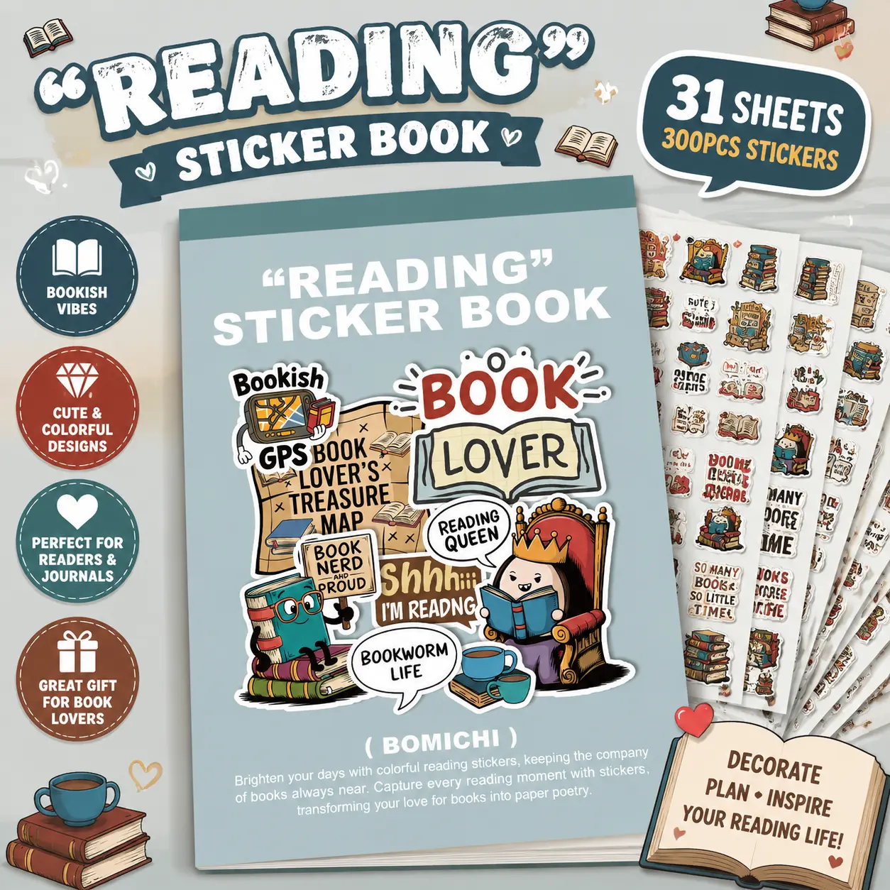 Reading Bookish Sticker Book 300 Pcs, Book Lover Bookworm Aesthetic Stickers for Journal Reading Planner Scrapbooking Book Journal Decor