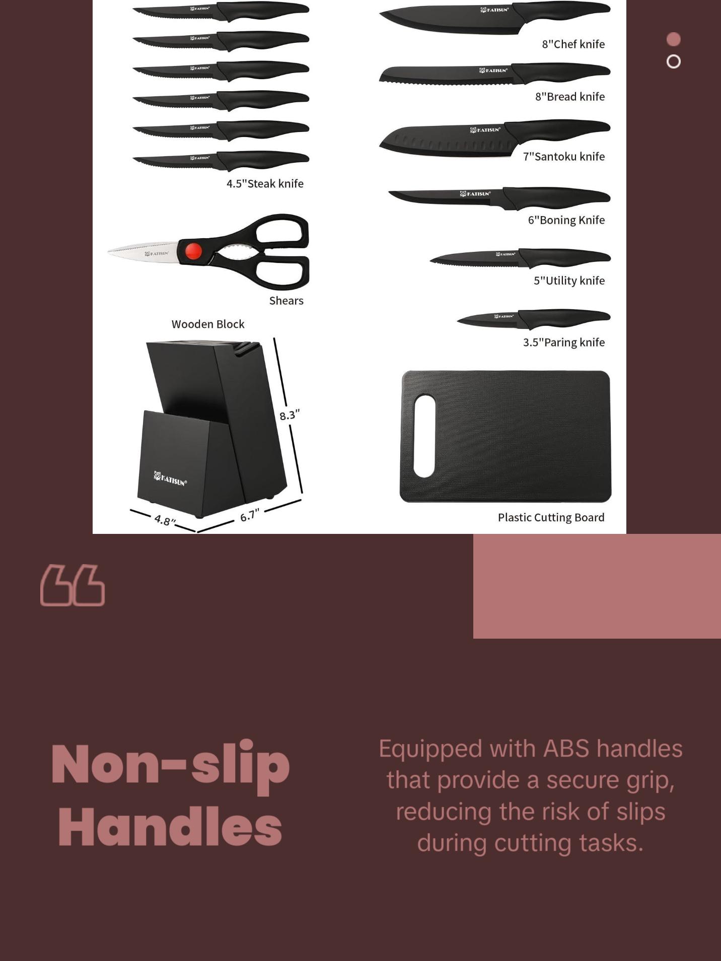 16 Pieces Kitchen Knife Block Set with Cutting Board, German Premium Quality Stainless Steel, Built-in sharpener, Dishwasher Safe, 6 Steak Knives, Anti-slip handle, Black Kitchen Knives Plastic Wooden