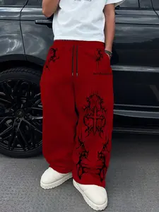 Men's Gothic Cross Graphic Sweatpants | Tribal Thorn Print Wide Leg Pants | Elastic Waist Casual Joggers, Casual Jogging Pants in Black, White, Gray & Green | Y2K Edgy Streetwear Bottoms