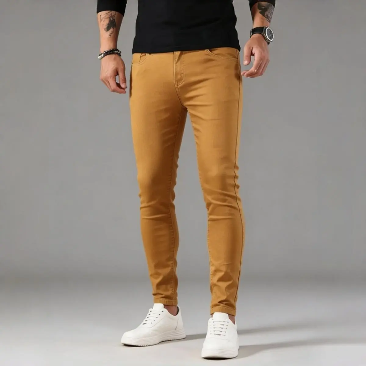 Casual Skinny Pants for Men, Fashion Slim Fit Trousers for Urban Streetwear Outfit Yellow